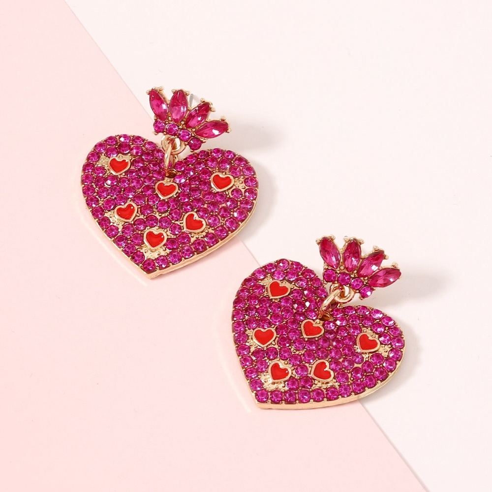 Pink Crown Heart Shape Statement Drop Earrings NWT